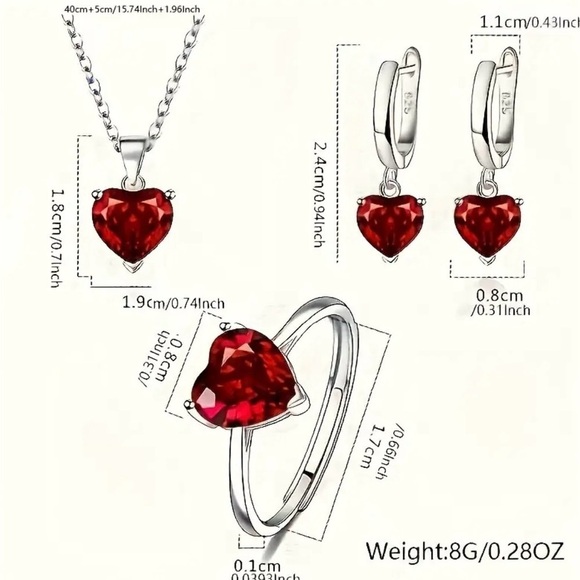 Sterling Silver 925 Red Heart Necklace, Earrings and Ring Set NWT - Picture 4 of 10